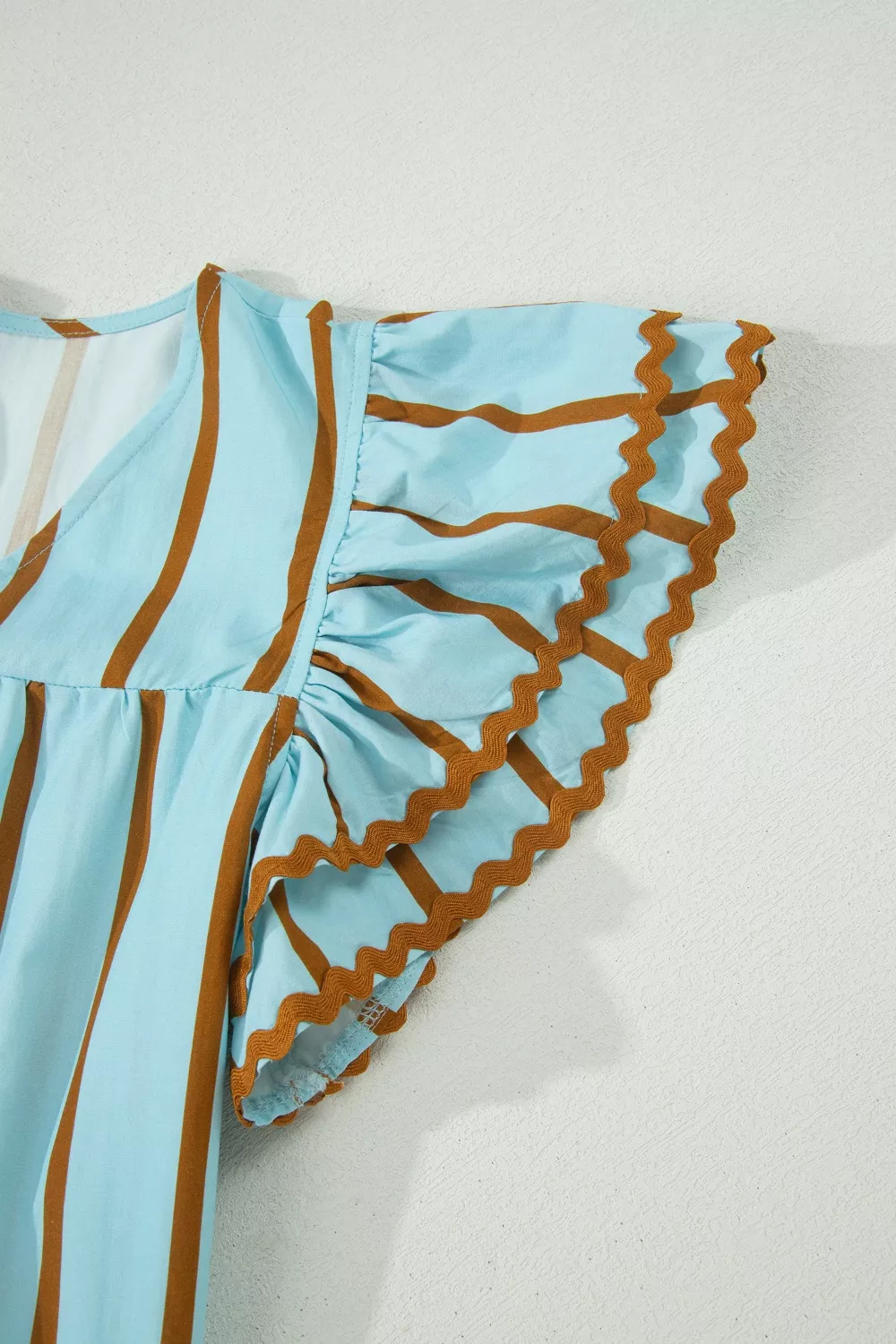 Stripe Ricrac Trim Double Ruffled Short Sleeve V Neck Blouse, image 8