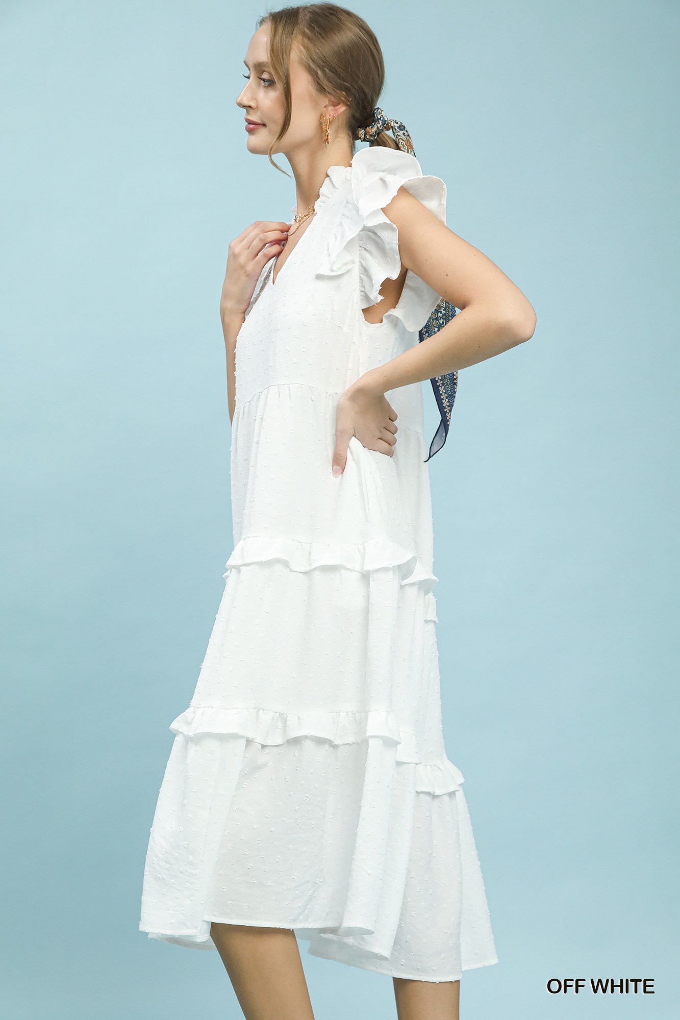 Textured Ruffle Sleeve Tiered Midi Dress, image 2