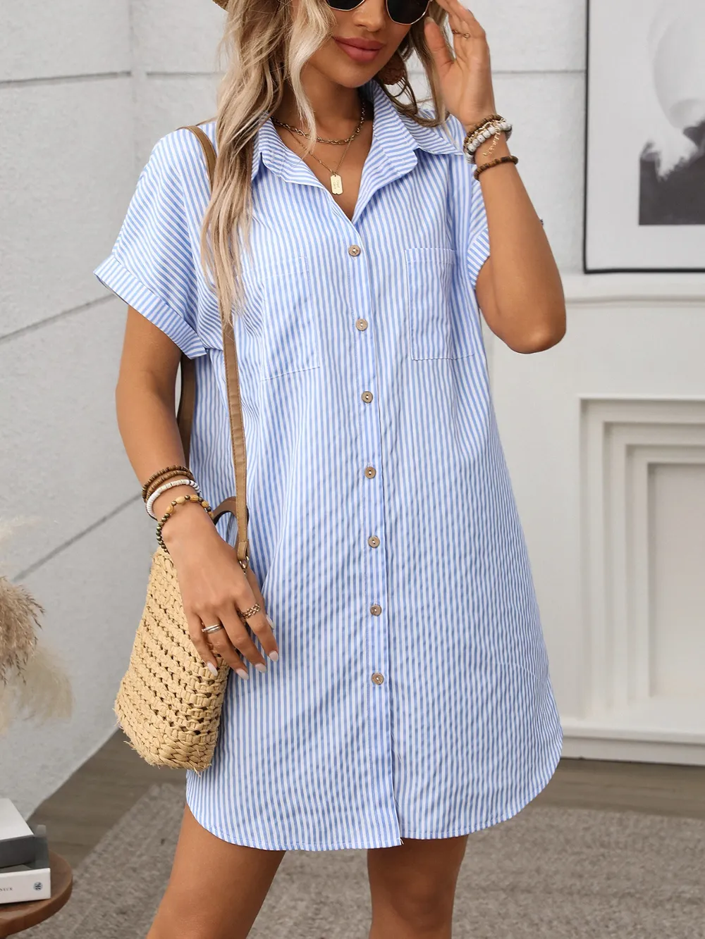 Striped Button Down Short Sleeve Mini Dress, image 9