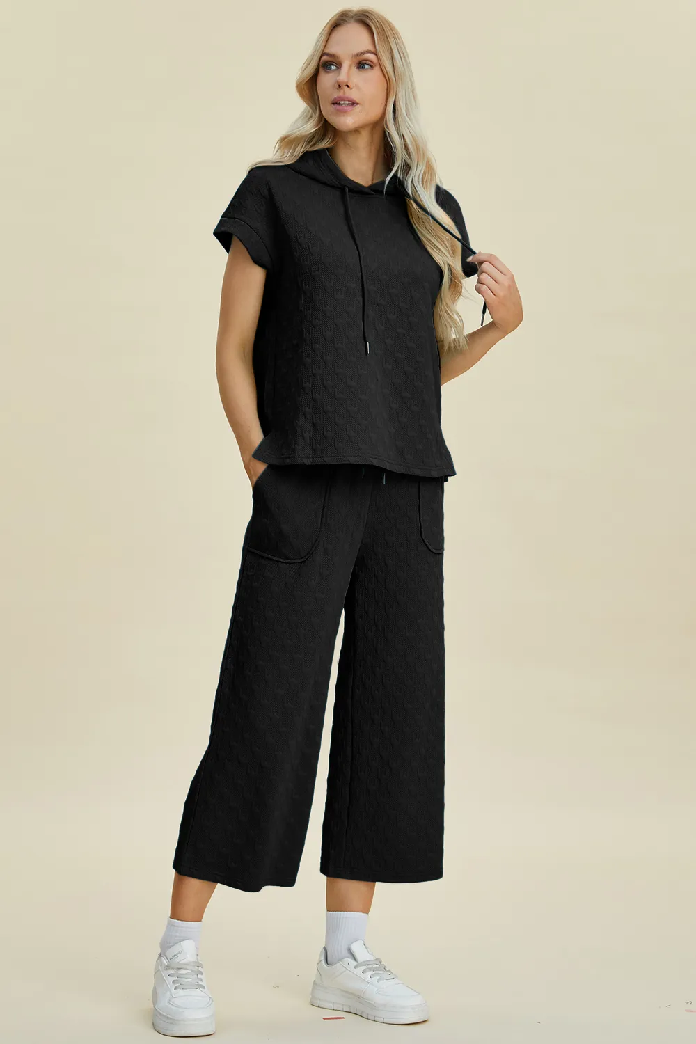 Full Size Texture Drawstring Short Sleeve Hoodie and Pocketed Pants Set, image 10