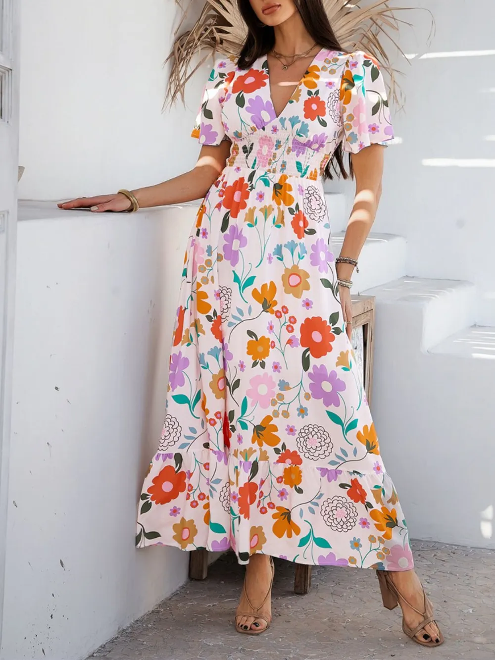 Smocked Printed V-Neck Short Sleeve Maxi Dress