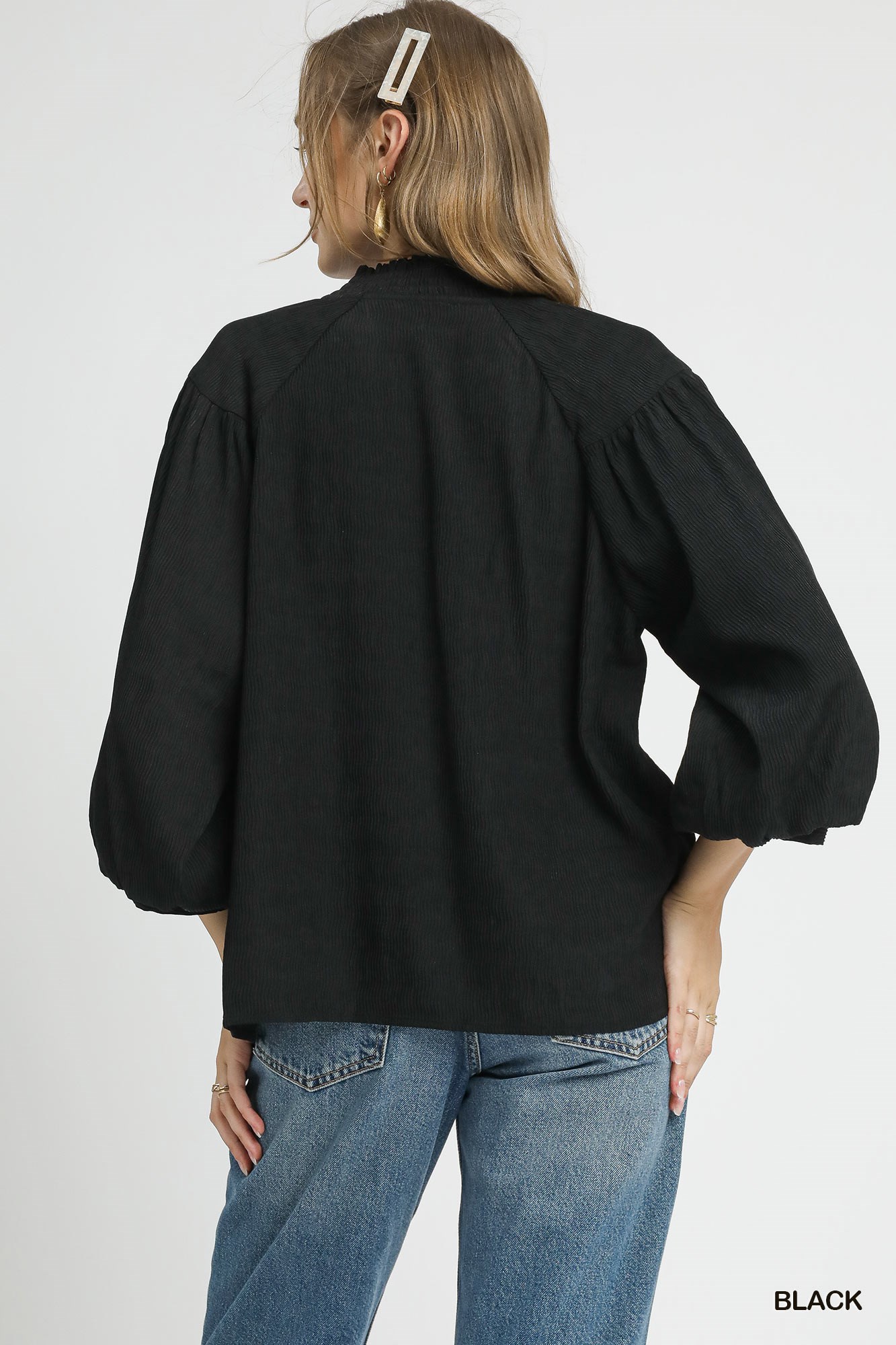 Textured V-Neck Blouse with Balloon Sleeves, image 2