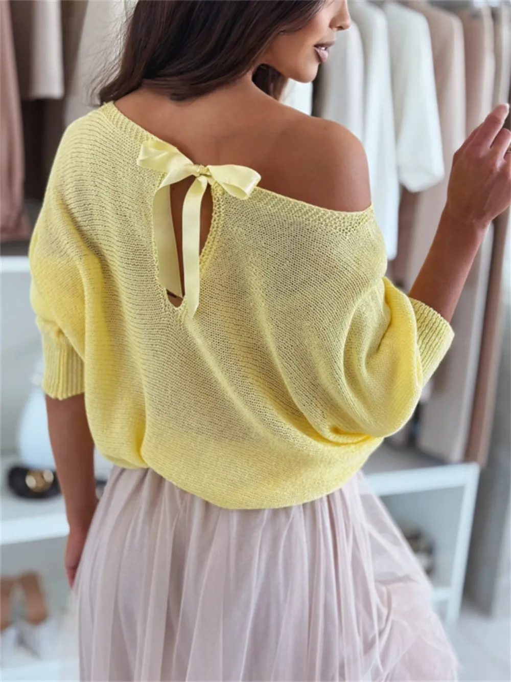 Bow Back Boat Neck Batwing Sleeve Sweater, image 12