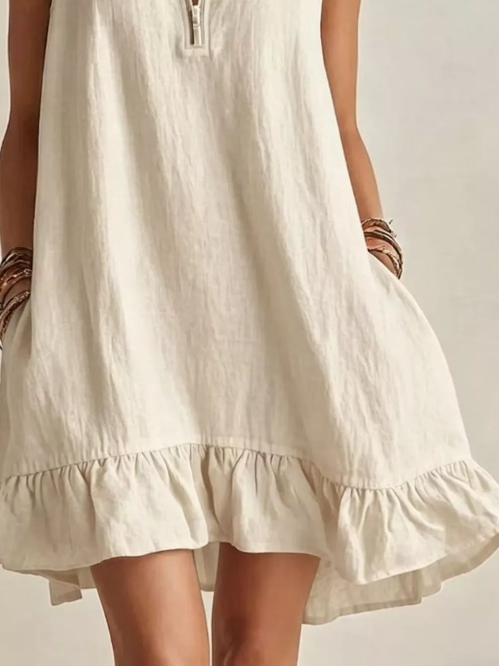 Sleeveless Zipper-Neck Ruffle Hem Mini Dress, image 3