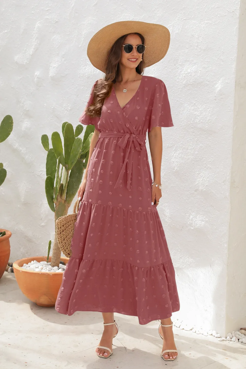 Swiss Dot Tied Surplice Short Sleeve Dress, image 14