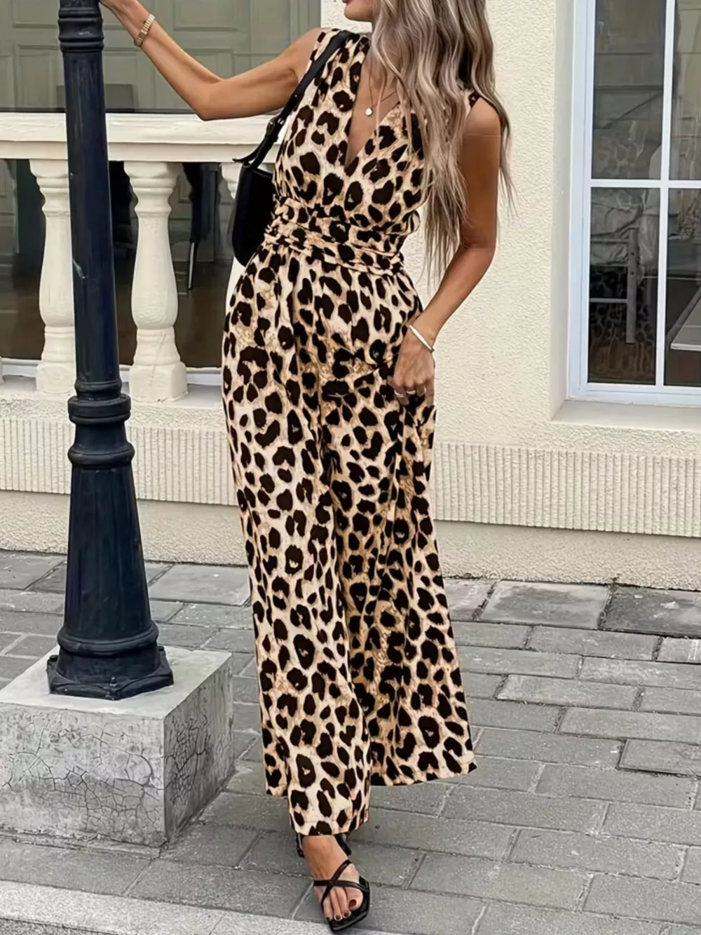 Sleeveless V-Neck Leopard Print Wide Leg Jumpsuit, image 19