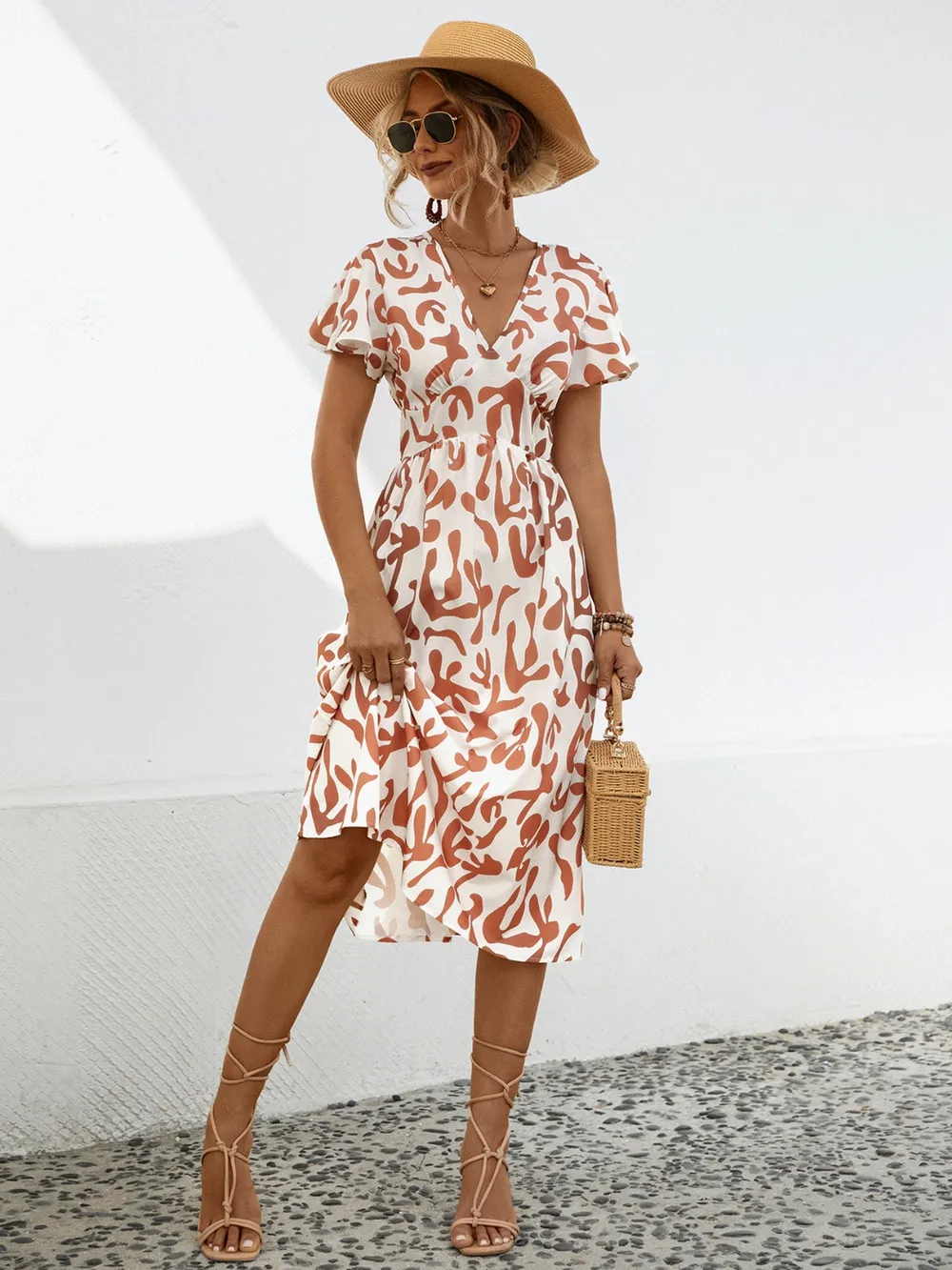 Printed V-Neck Short Sleeve Dress, image 8