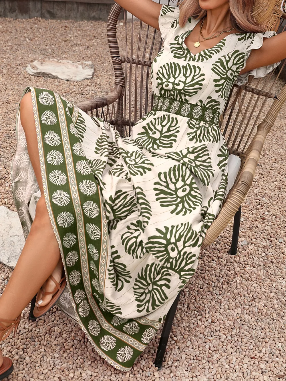 Printed V-Neck Cap Sleeve Maxi Dress, image 4