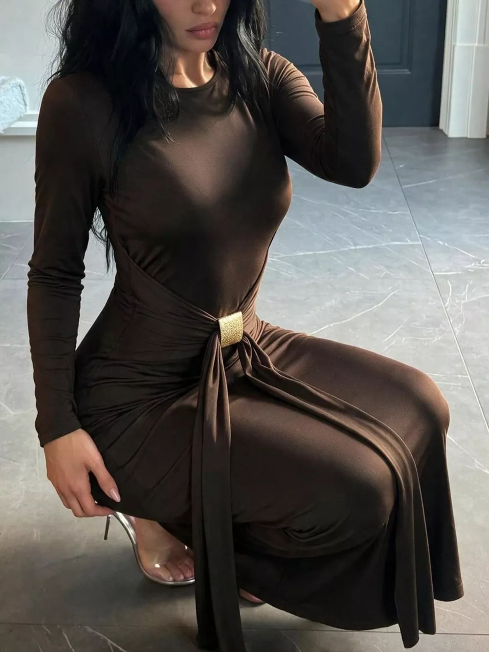Backless Long-Sleeve Bodycon Maxi Dress with Gold-Tone Waist Buckle, image 2