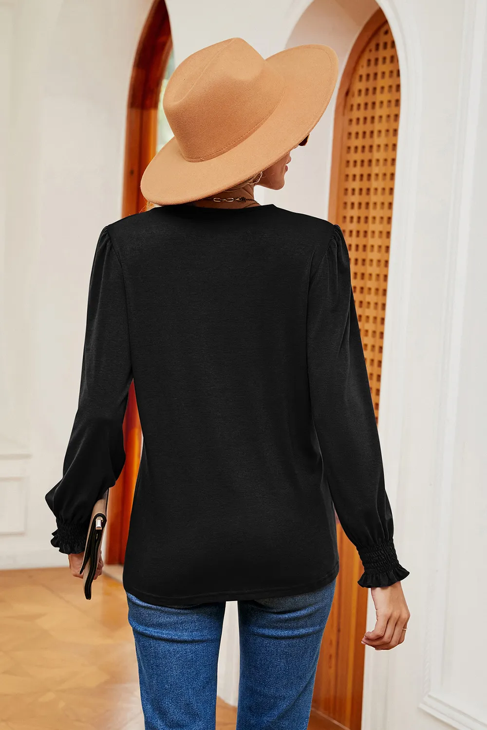 Lace Detail V-Neck Lantern Sleeve T-Shirt, image 2