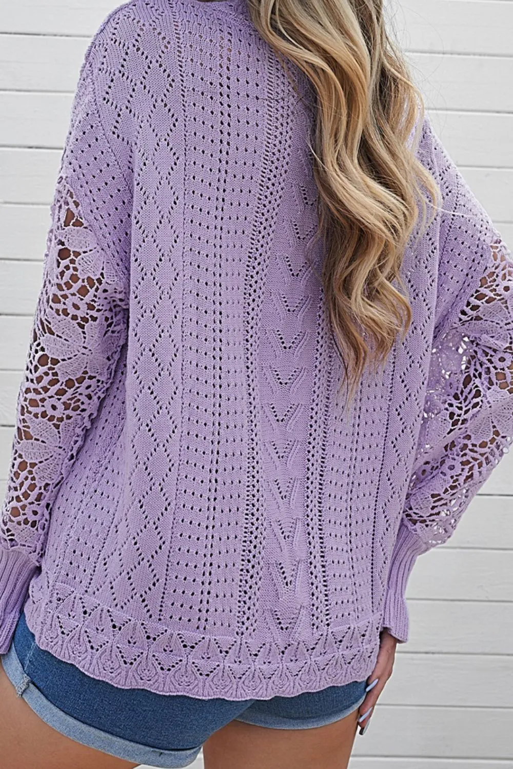 Openwork Round Neck Long Sleeve Sweater, image 23
