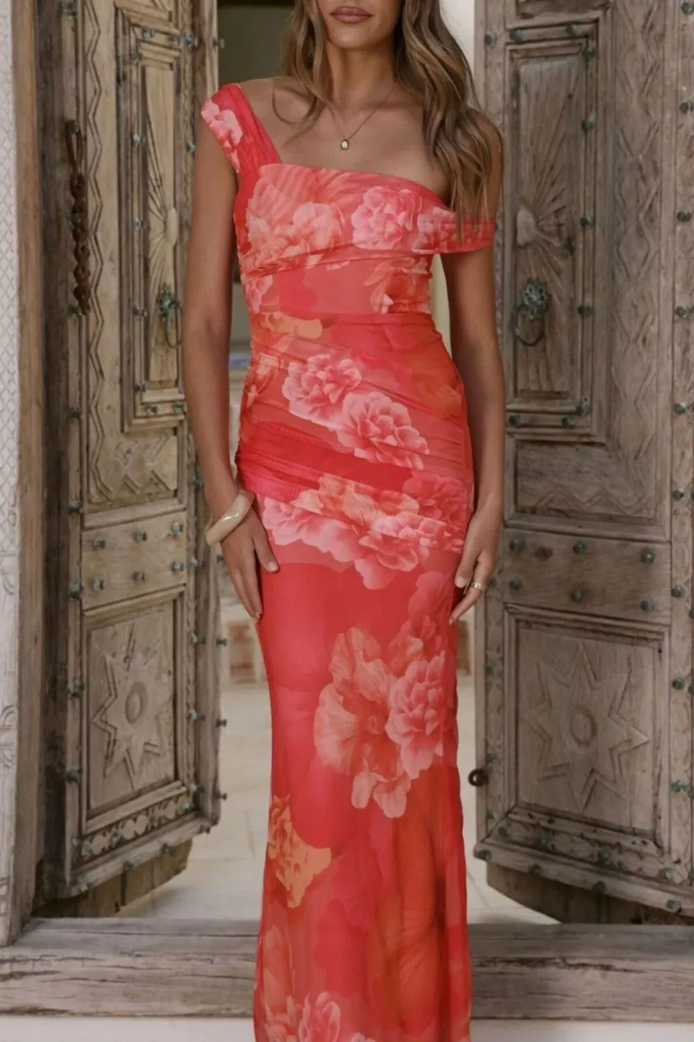 Floral Print One-Shoulder Ruched Maxi Dress, image 20