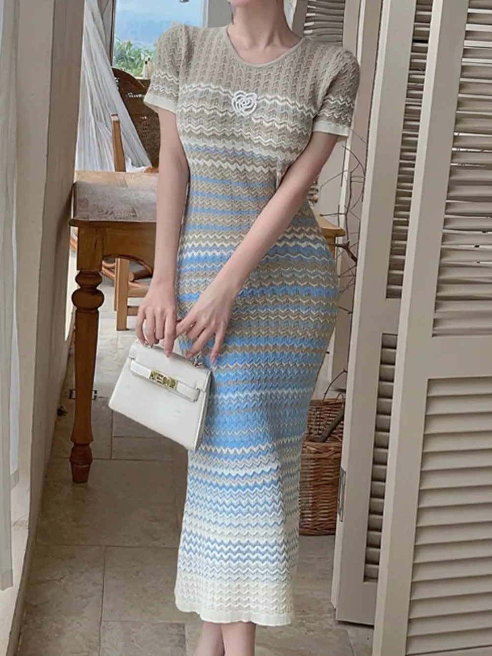 Gradient Knit Striped Short Sleeve Midi Dress, image 4