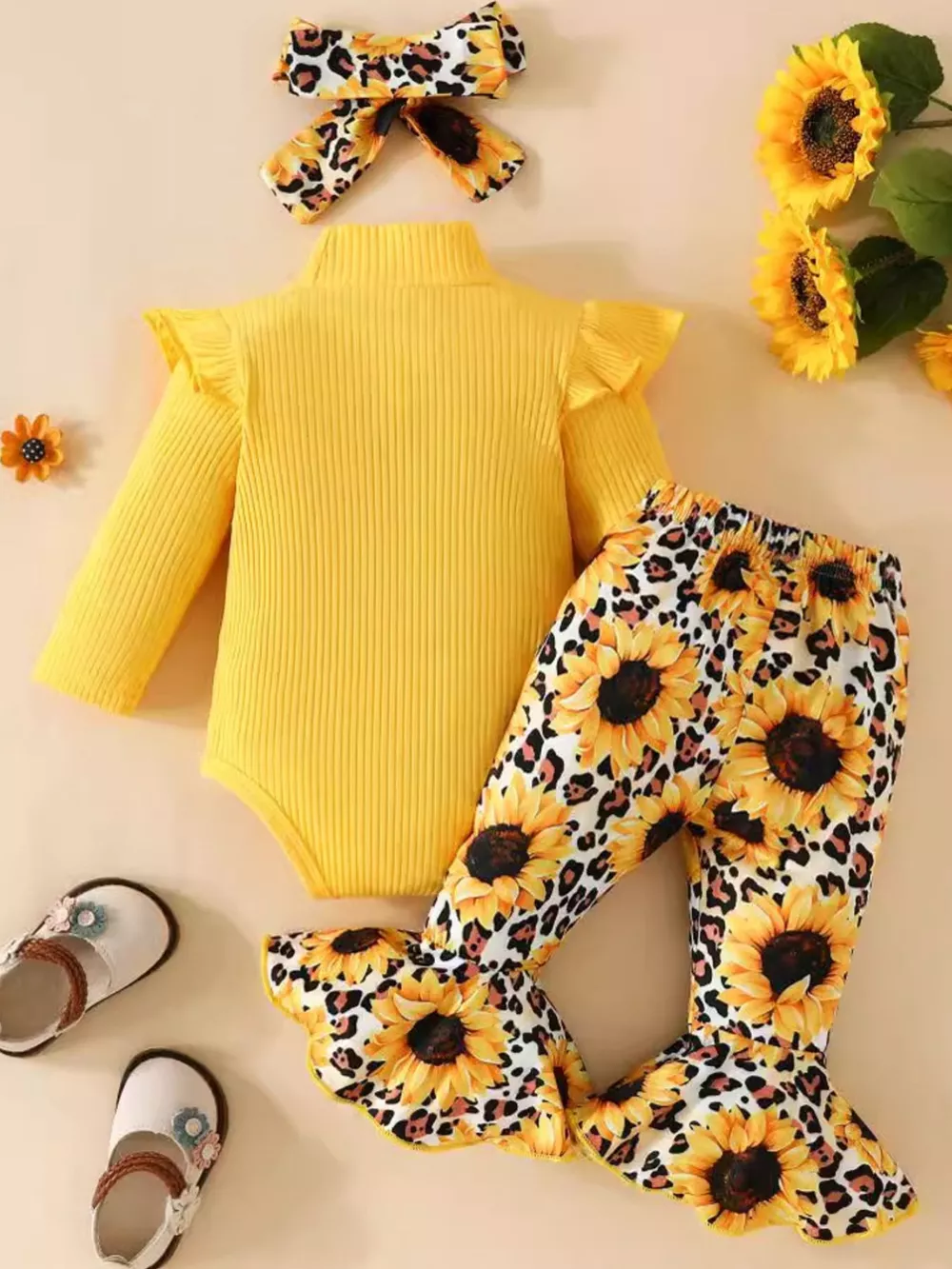 Children's Ruffled Bodysuit and Sunflower Pants Set, image 2