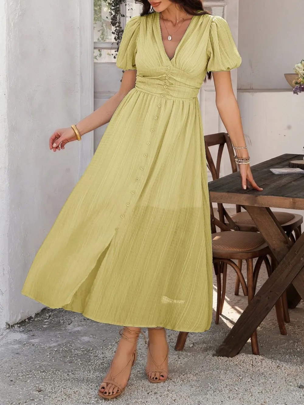 V-Neck Puff Short Sleeve Midi Dress, image 28