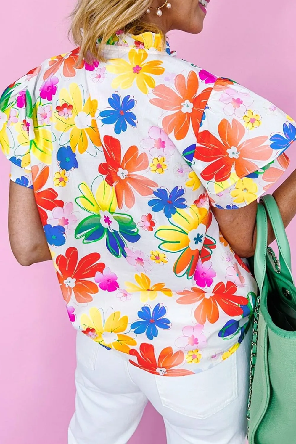 Ruffled Printed Notched Cap Sleeve Blouse, image 6