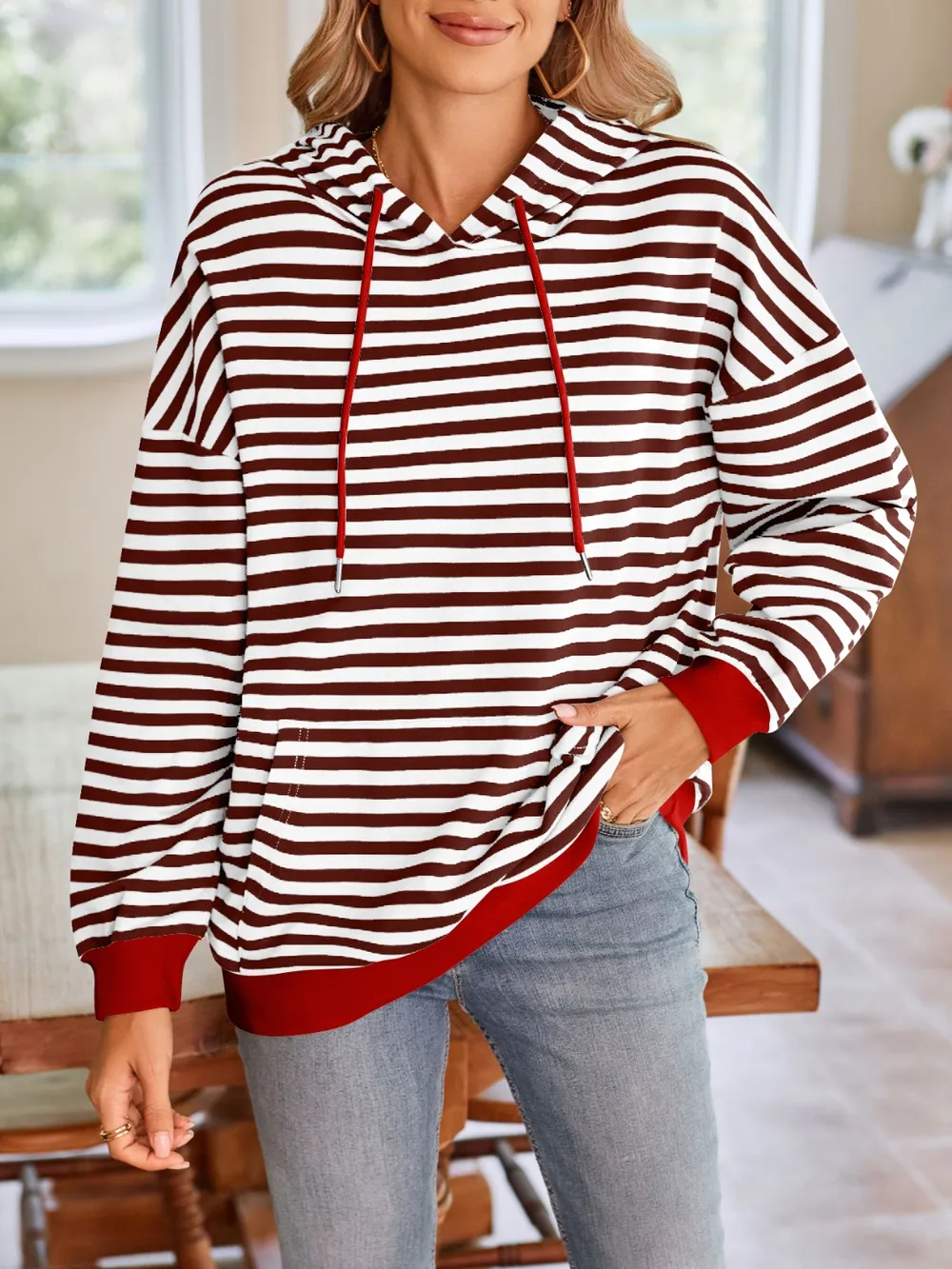 Drawstring Striped Long Sleeve Hoodie, image 21
