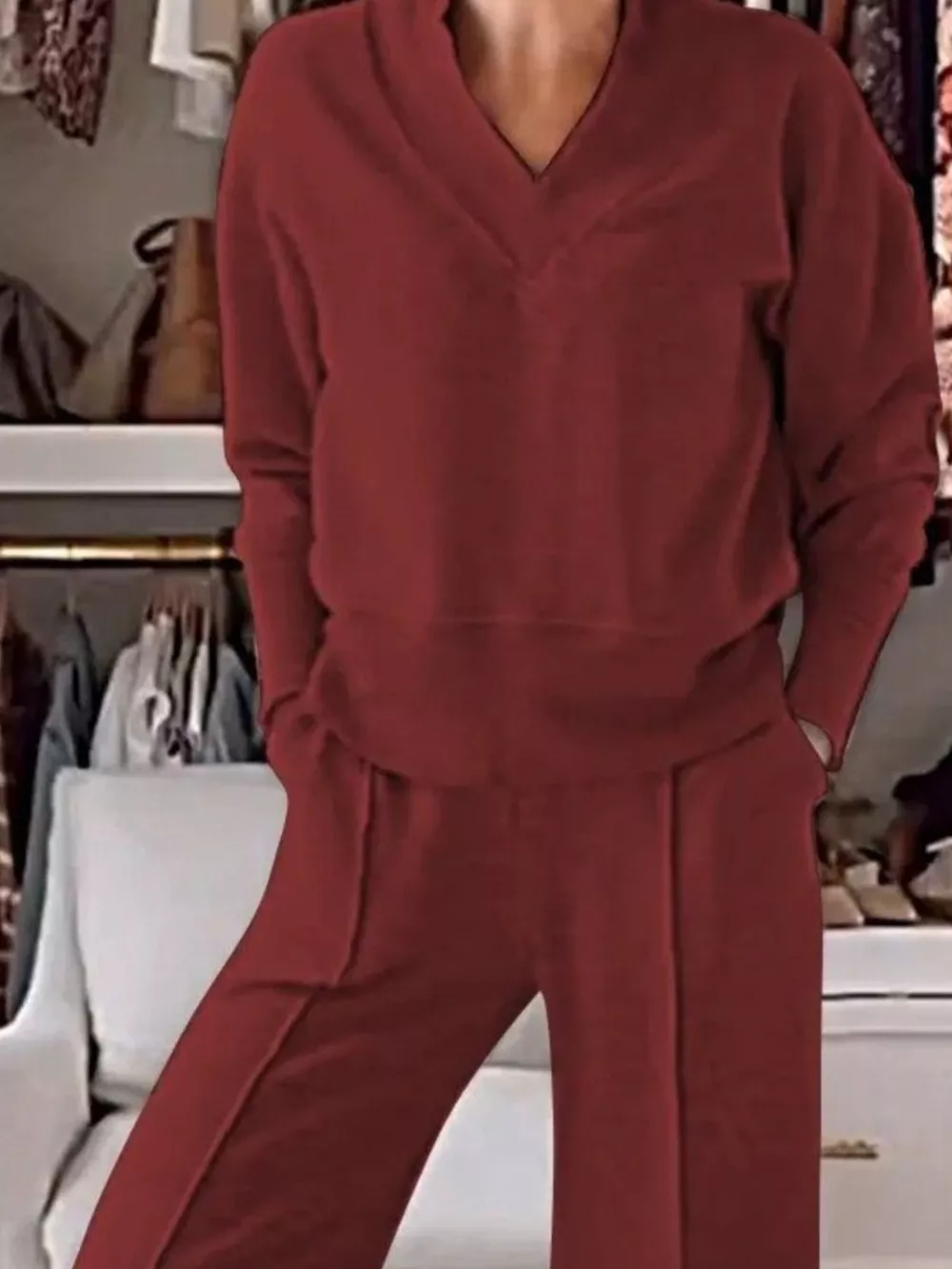 Full Size Cozy V-Neck Top and Pants Set Plus Size, image 21