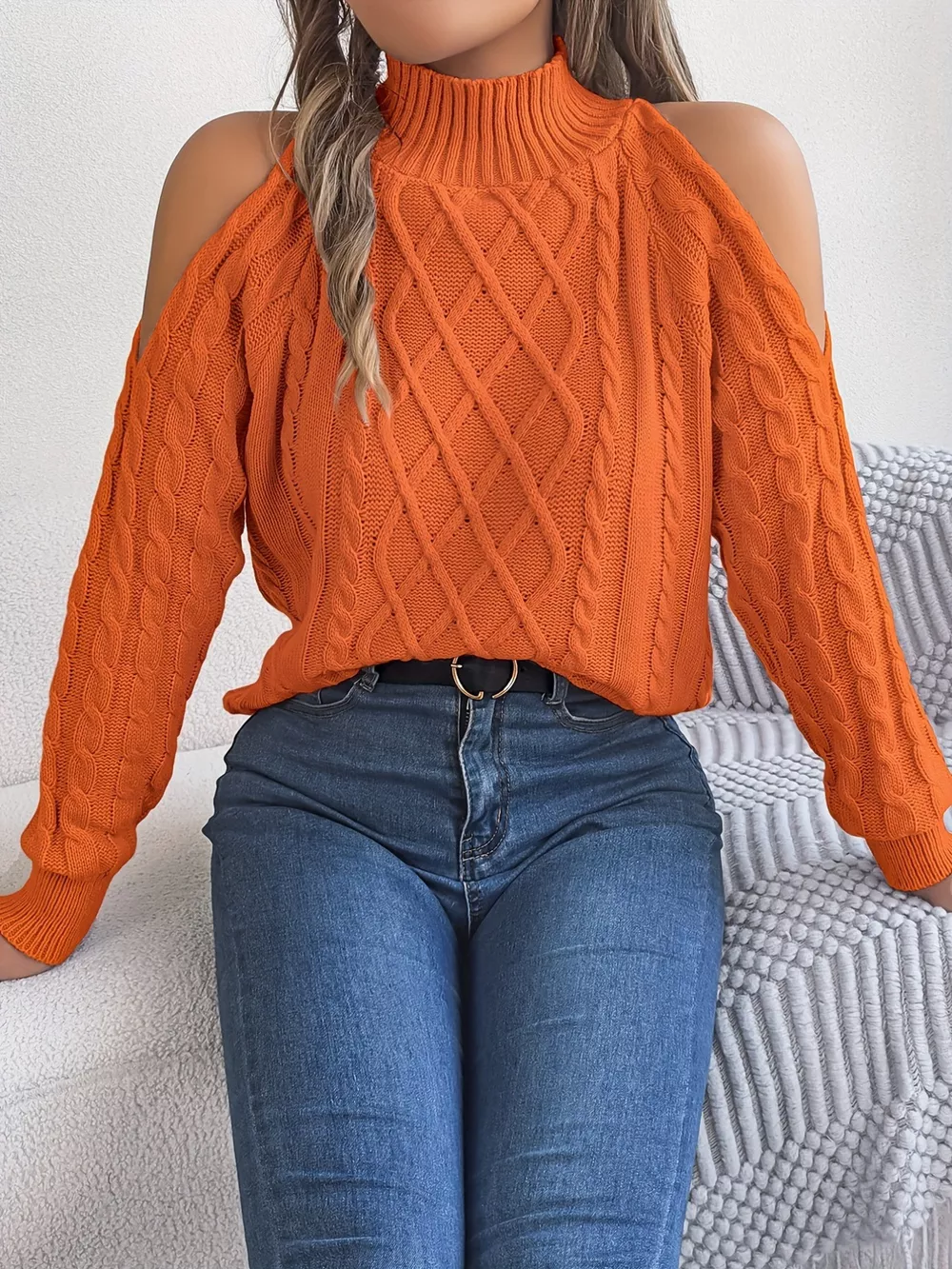 Cable Knit Cold Shoulder Turtleneck Sweater, image 6