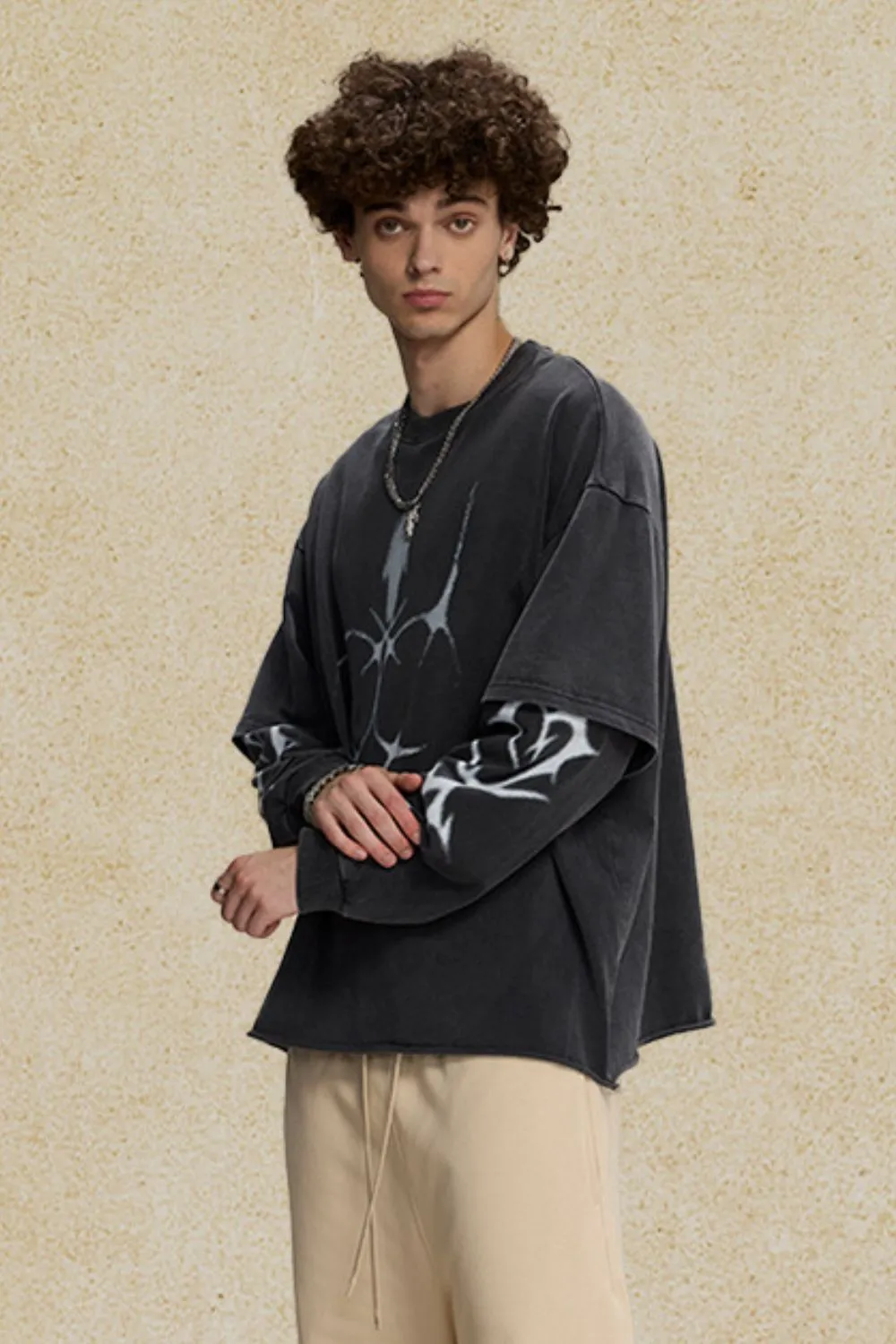 Men's Round Neck Long Sleeve Oversized T-Shirt, image 2