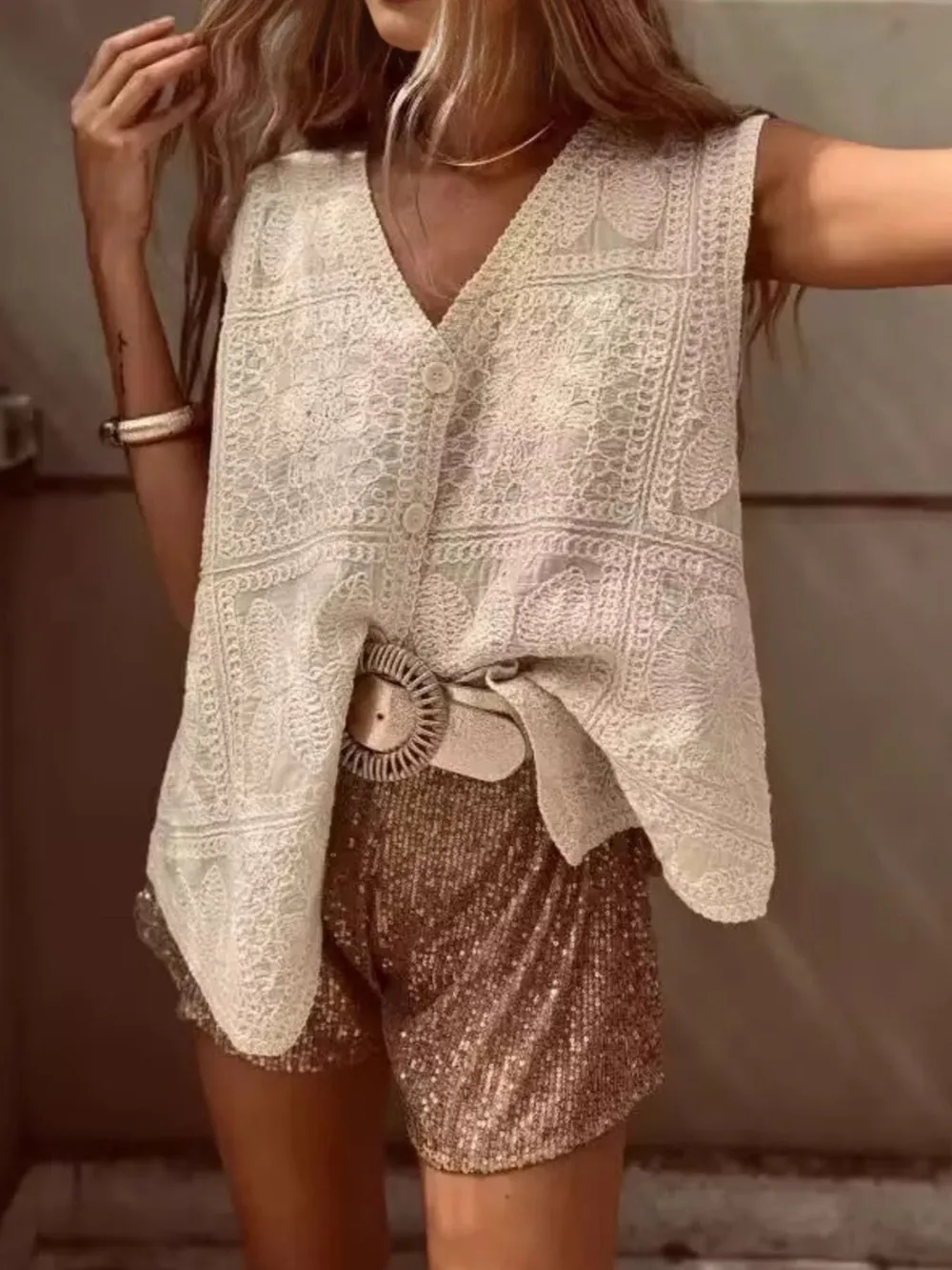 Crochet Lace V-Neck Vest, image 2