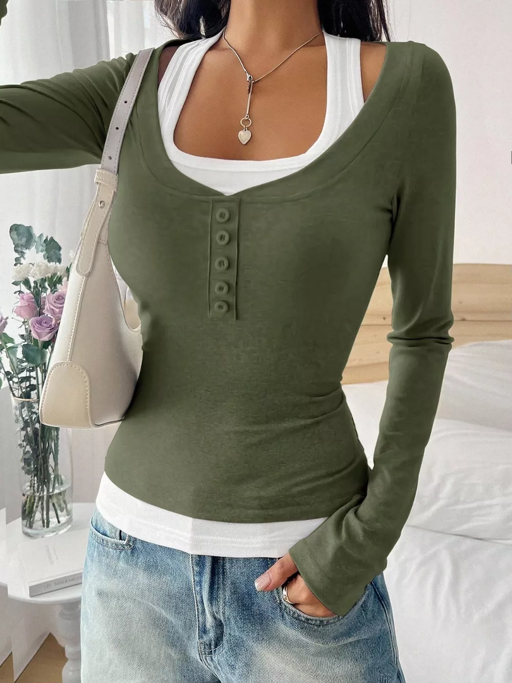 Contrast Long Sleeve Fake Two-Piece T-Shirt, image 16