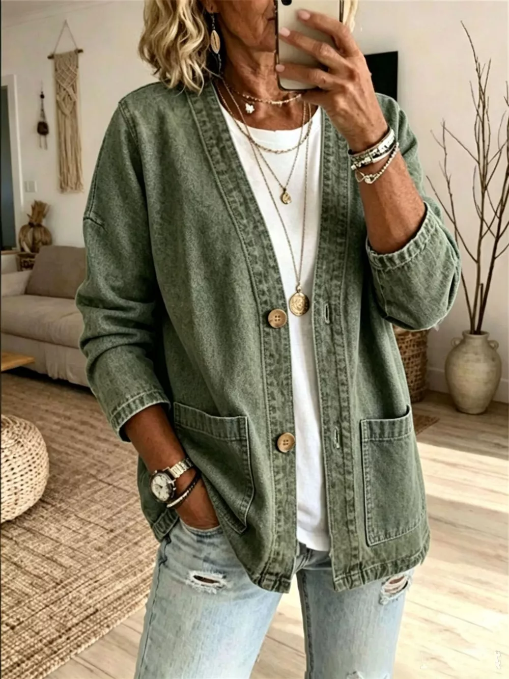 V-Neck Button-Down Denim Jacket, image 7
