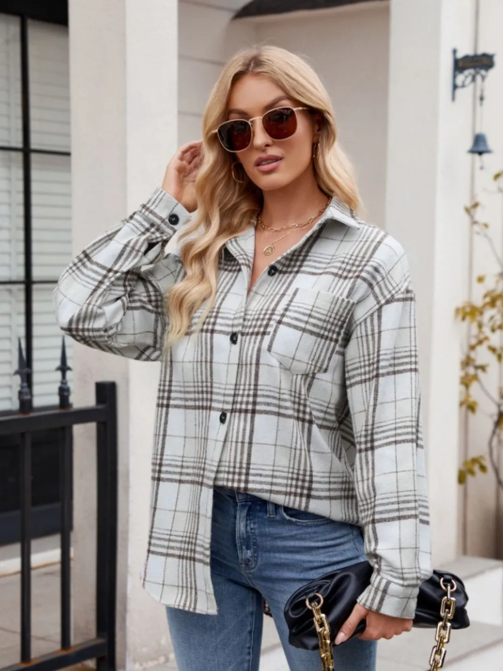Pocketed Plaid Collared Neck Long Sleeve Shirt, image 13