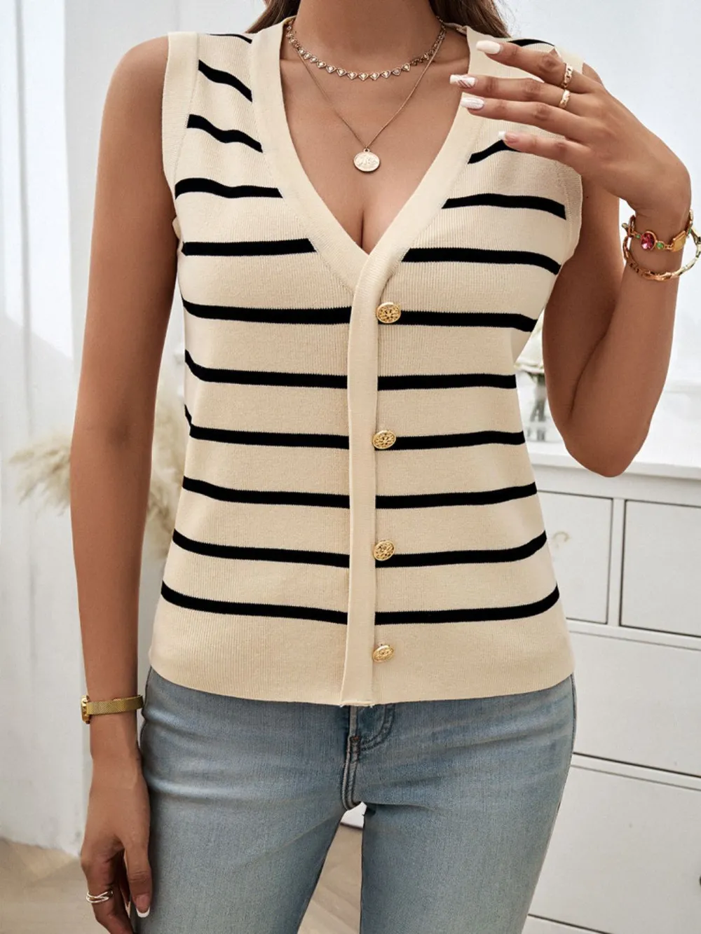 Striped V-Neck Knit Tank, image 2