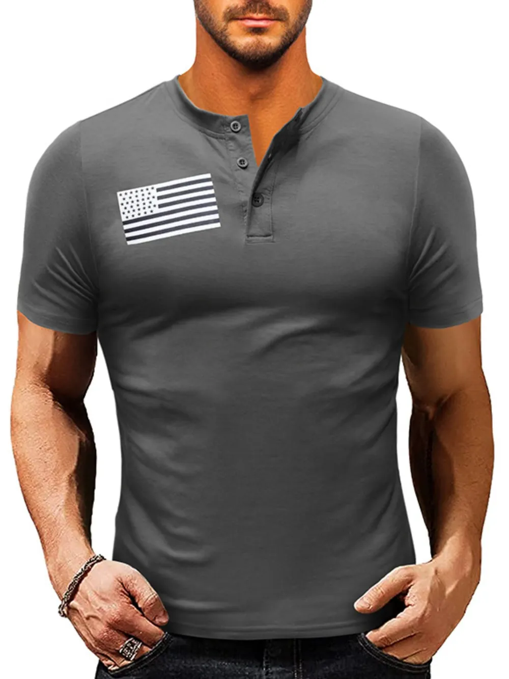 Men's American Flag Short Sleeve Henley Top, image 2