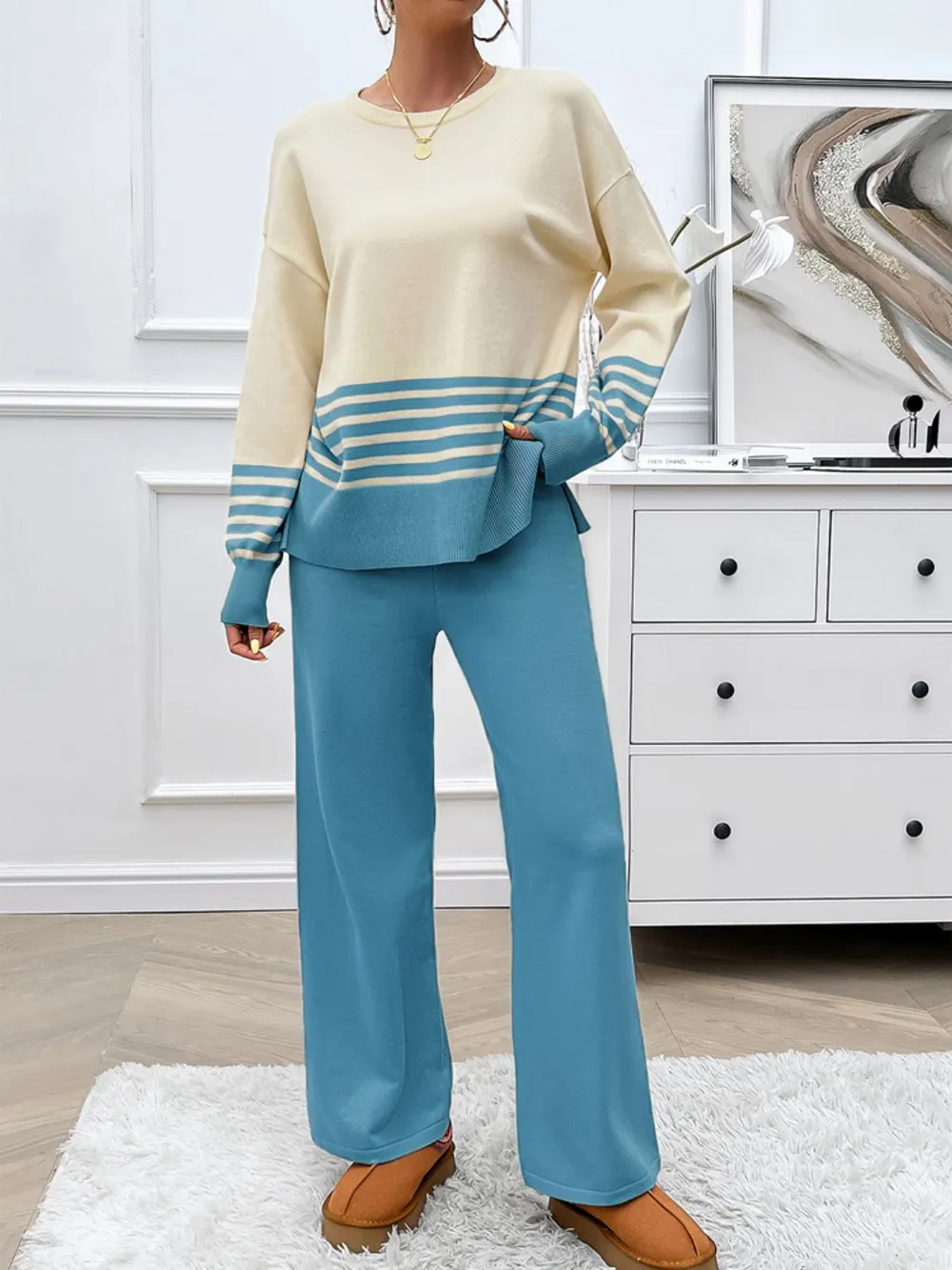 Slit Striped Round Neck Top and Pants Sweater Set, image 14