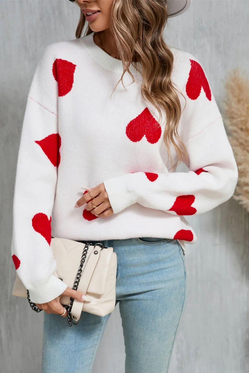 Heart Round Neck Dropped Shoulder Sweater, image 2