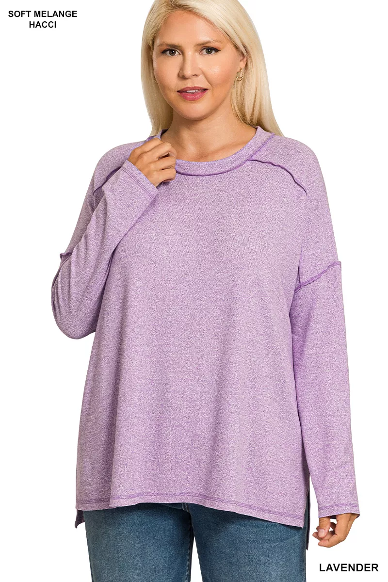 Full Size Melange Hacci Exposed Seam Hi-low Tee Plus Size, image 2
