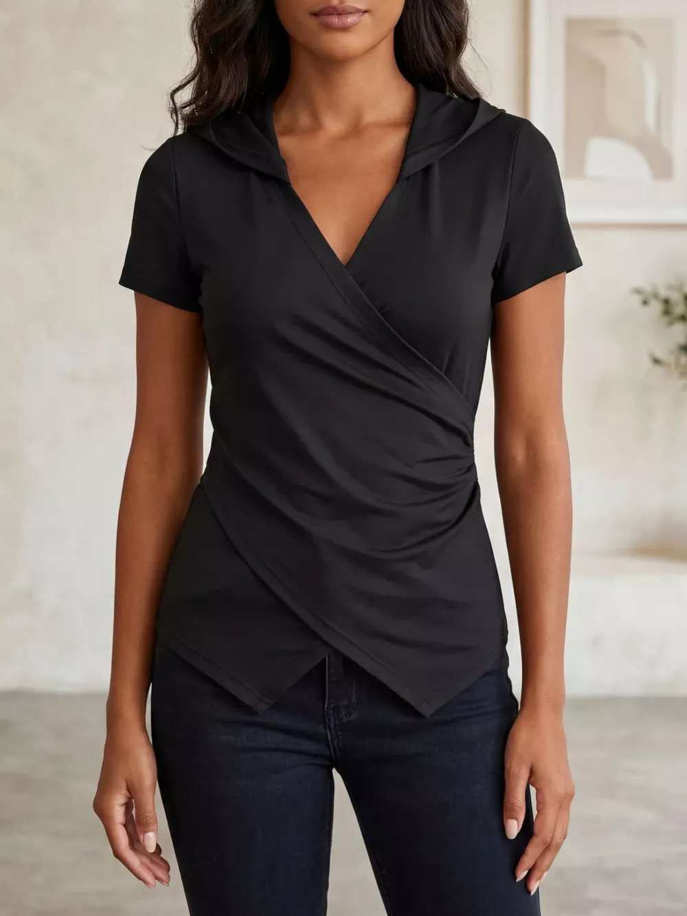 Hooded Wrap Front Slim Fit Top