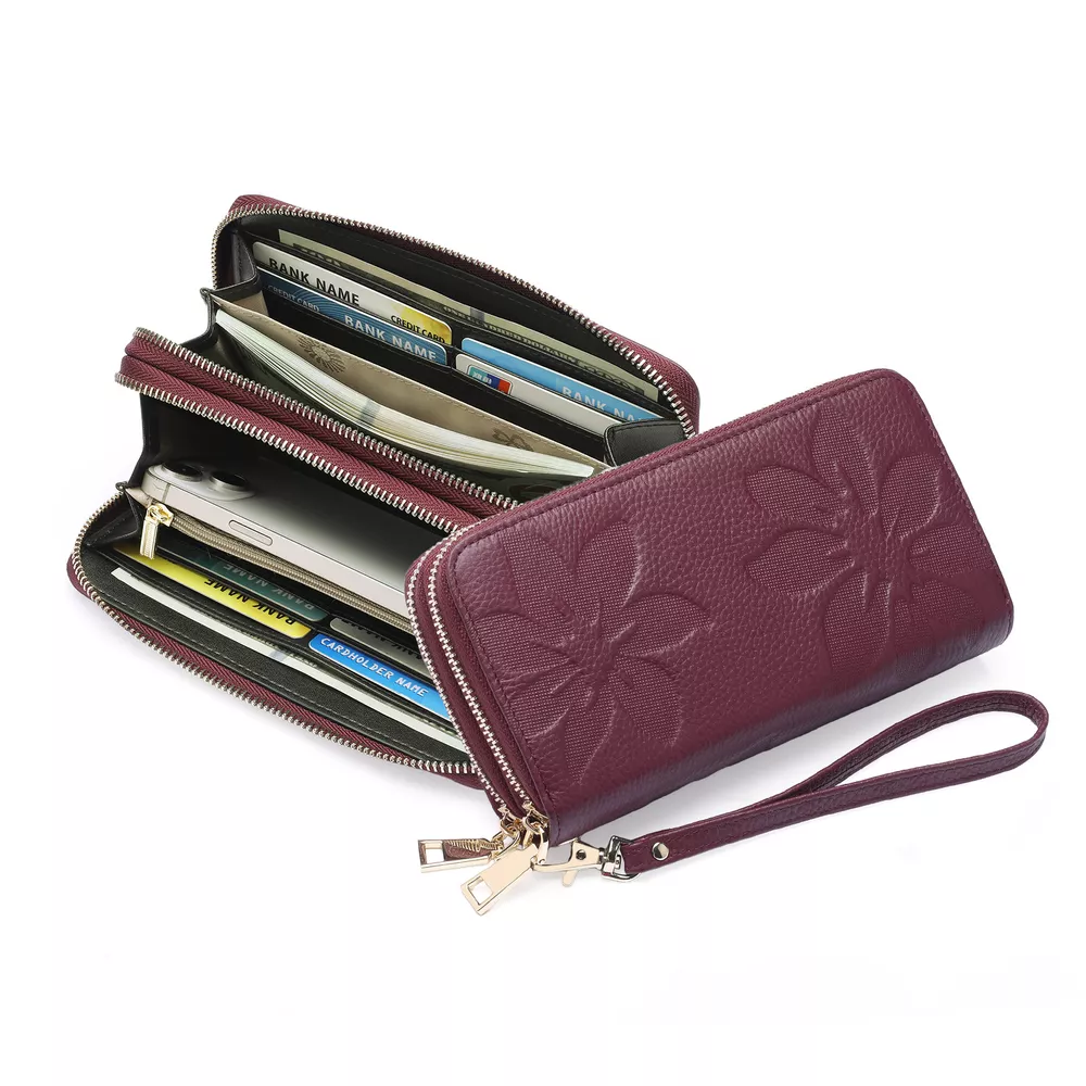 Floral Embossed Leather Zipper Wallet, image 3