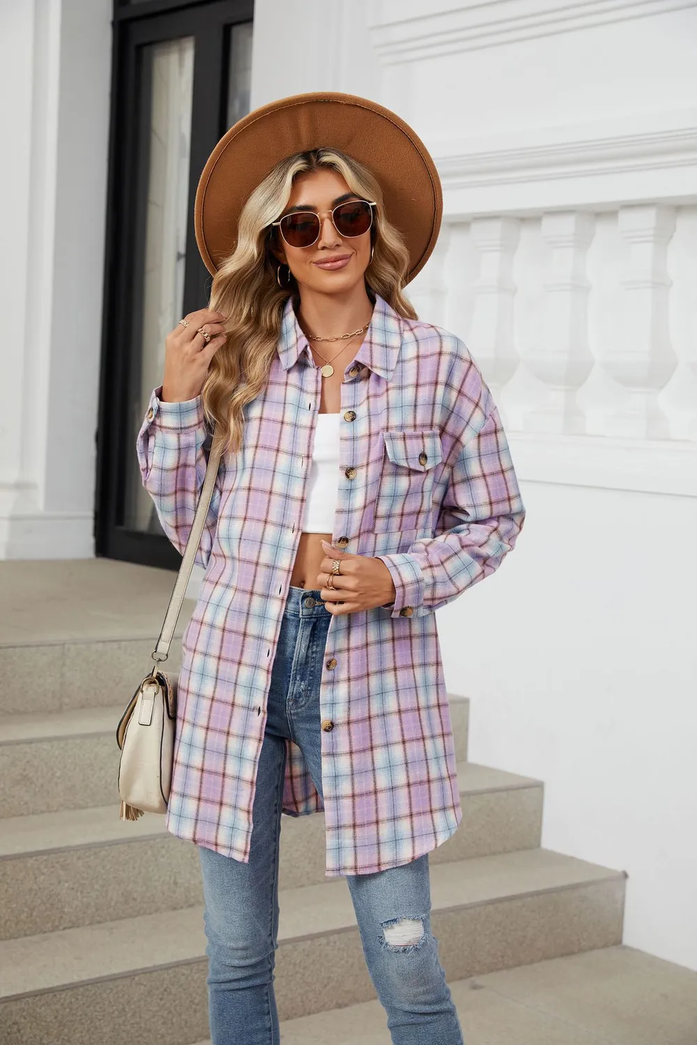 Plaid Collared Neck Long Sleeve Shirt, image 28