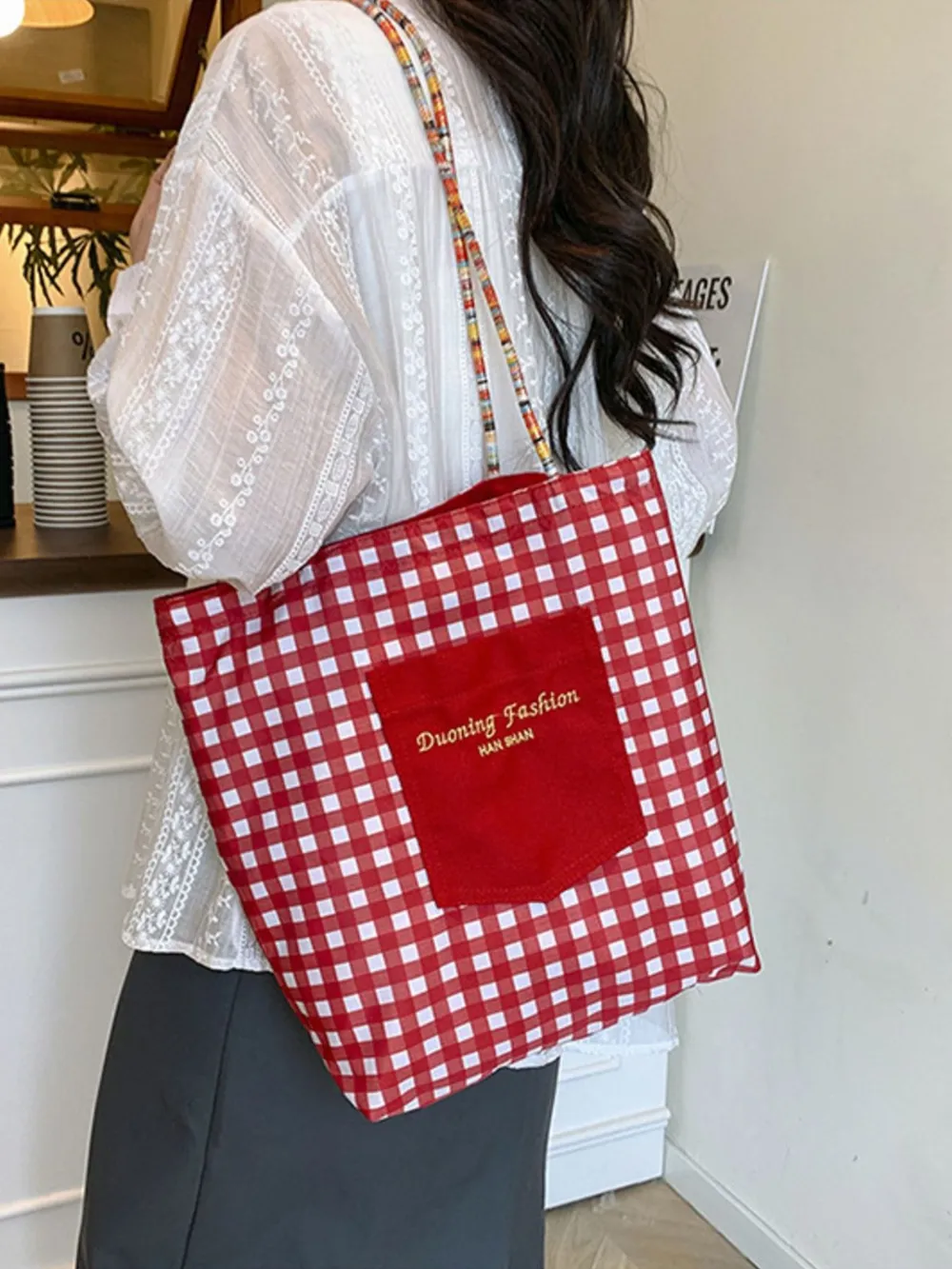 Gingham Pattern Tote Bag, image 6