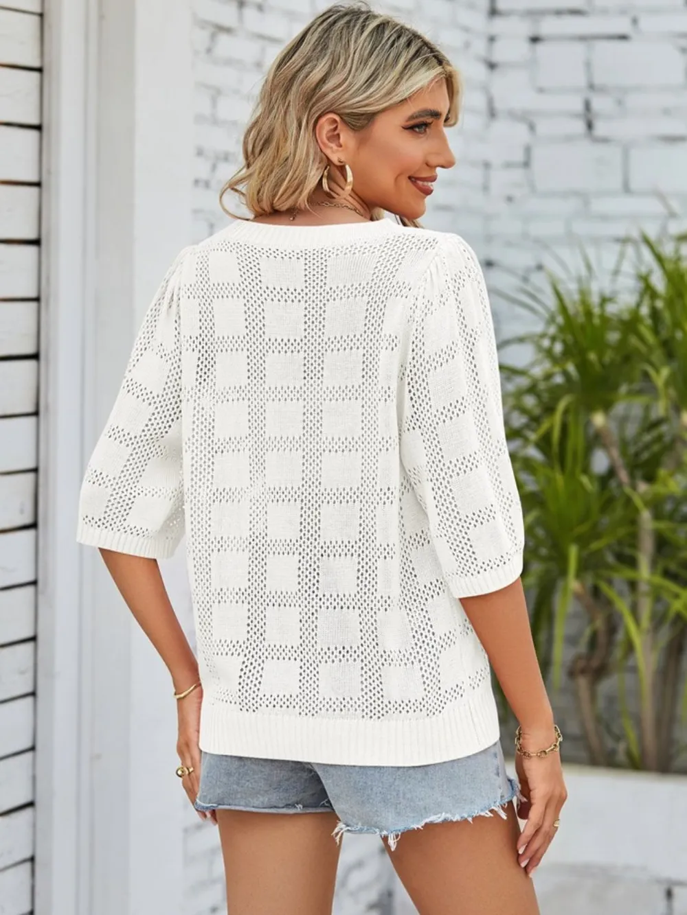 Openwork Round Neck Knit Top, image 15