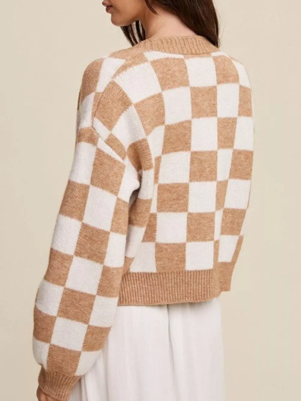 Checkerboard Pattern Button-Down Cardigan, image 8