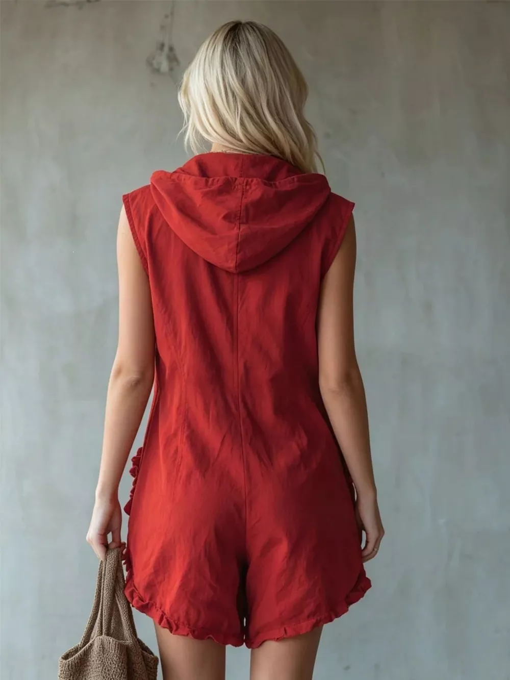 Full Size Hooded Sleeveless Zipper Romper with Ruffled Pockets Plus Size, image 7
