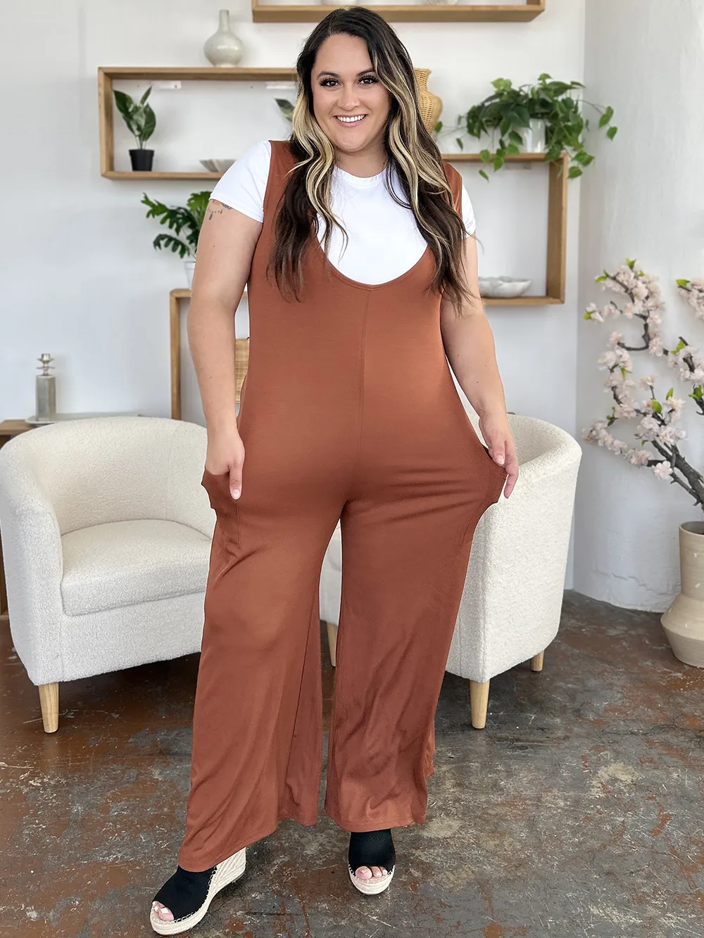 Full Size Sleeveless Wide Leg Jumpsuit with Pockets, image 17