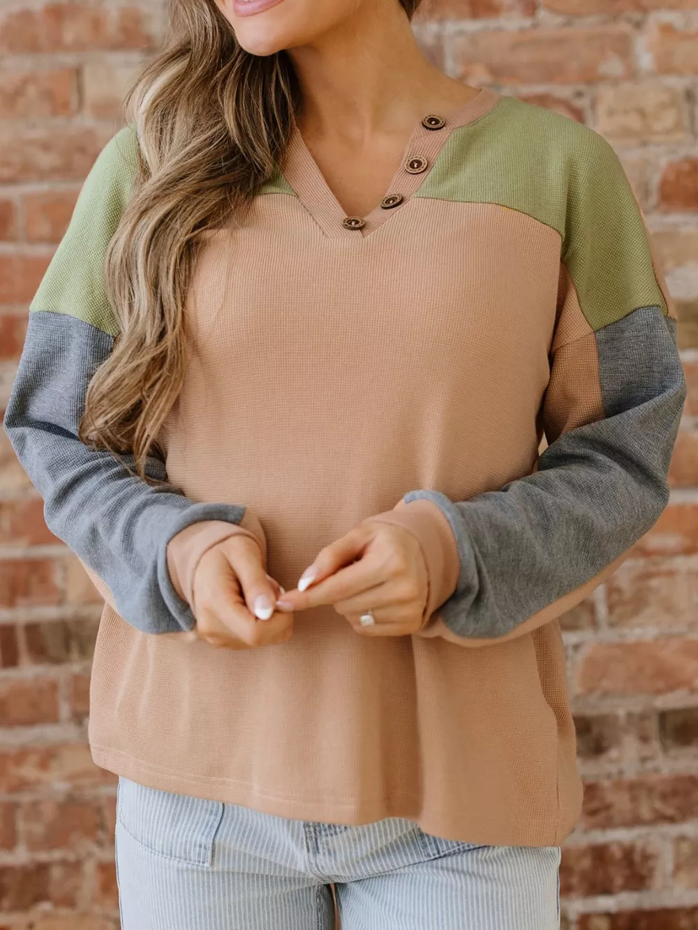 Color Block Thermal Textured Knit Drop Shoulder Henley Top, image 12