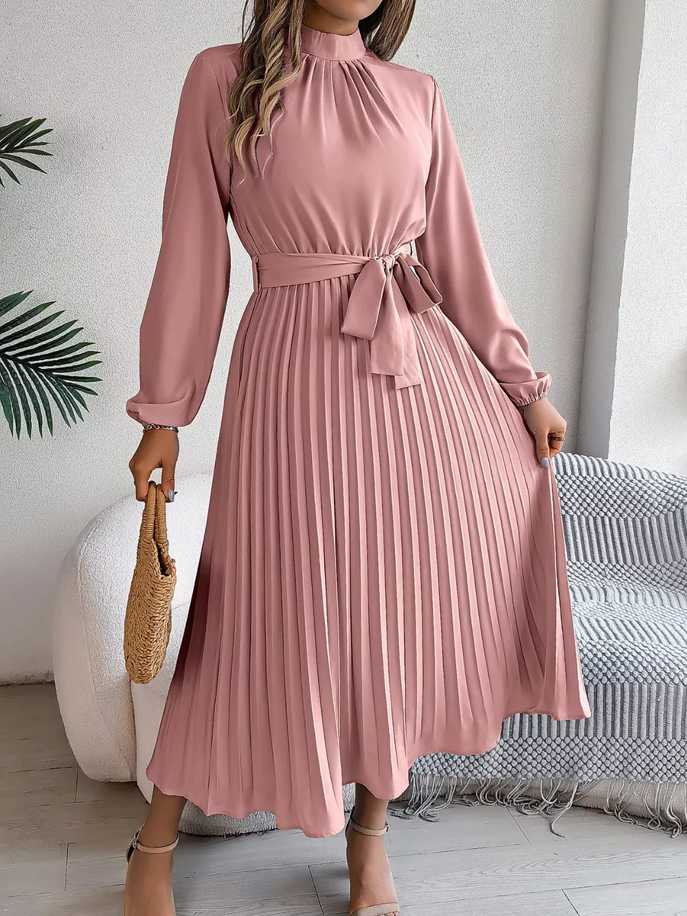 Mock Neck Pleated Midi Dress, image 22