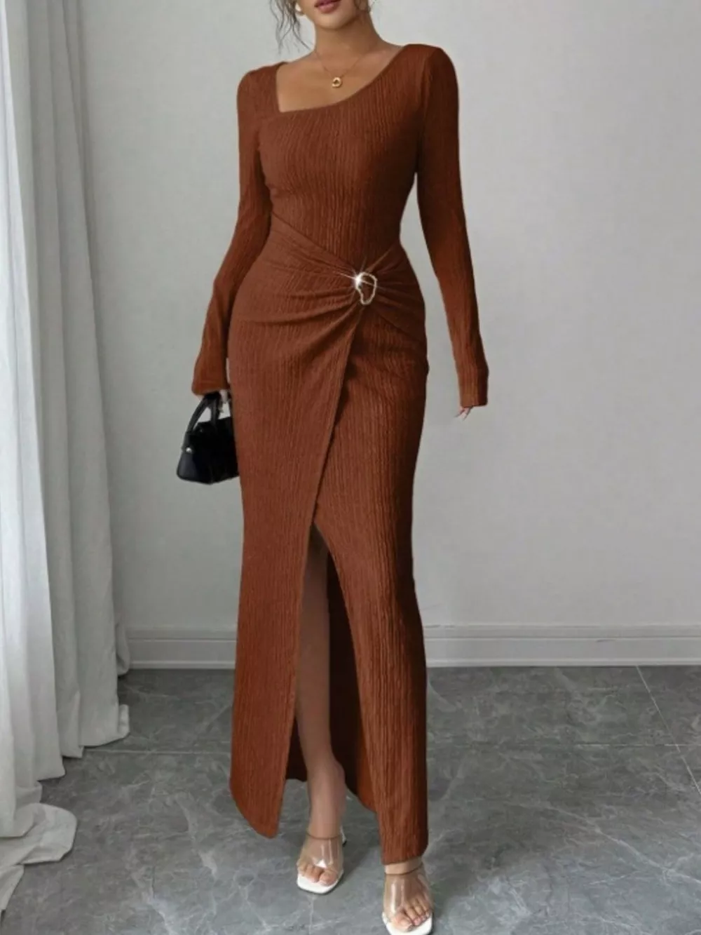 Slit Asymmetrical Neck Ribbed Maxi Dress, image 2