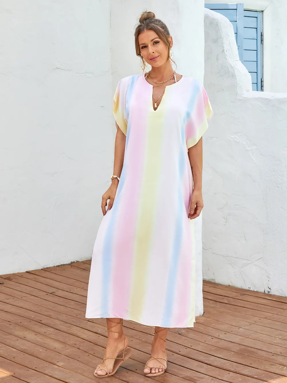 Slit Striped Notched Short Sleeve Cover Up, image 2