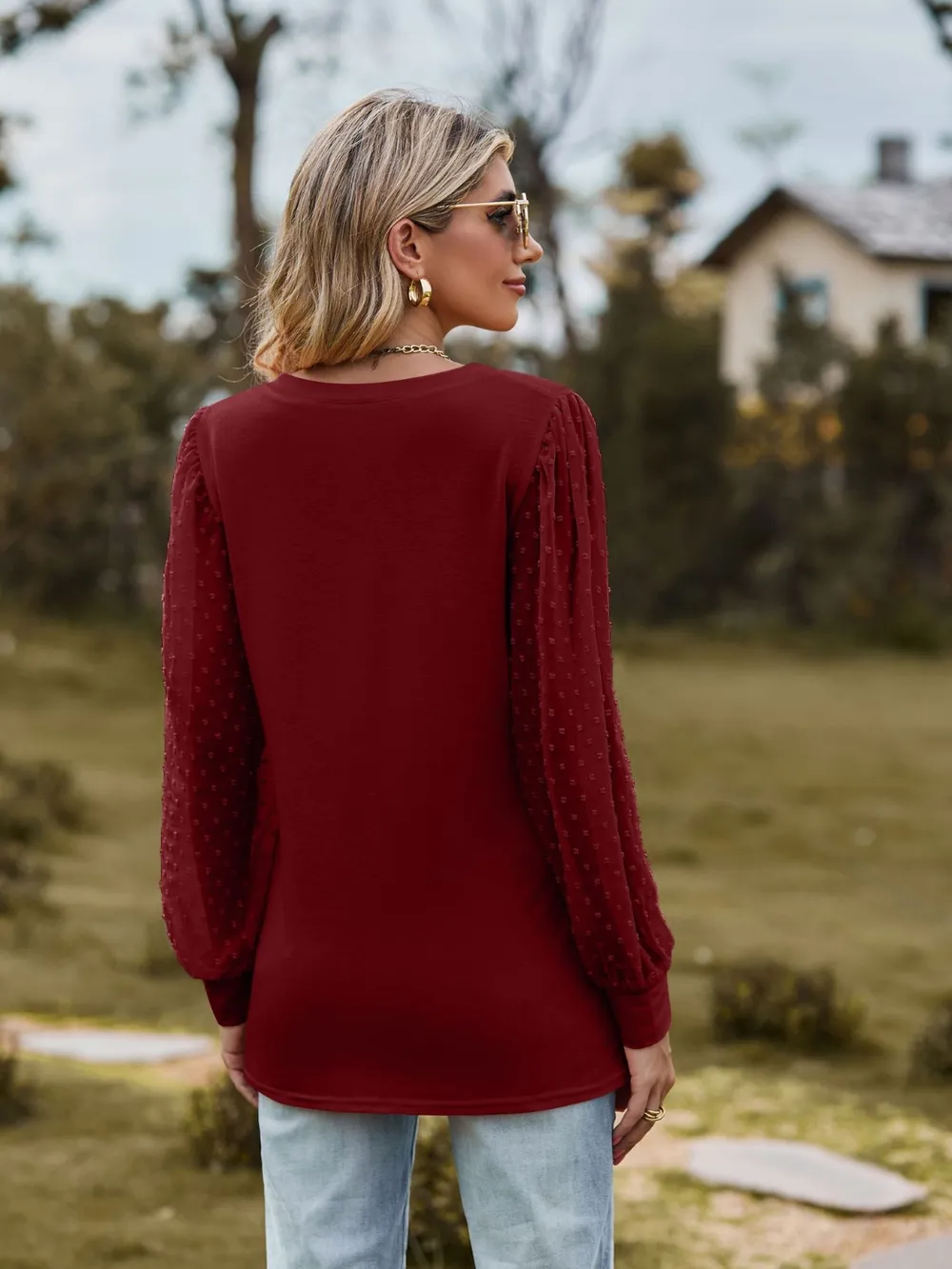 Swiss Dot V-Neck Long Sleeve Blouse, image 18