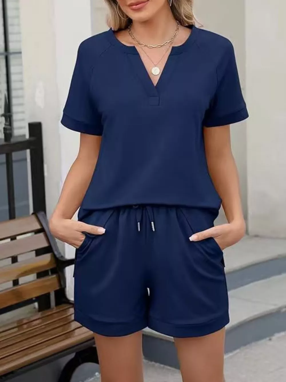 Solid Color Short Sleeve Top and Shorts Two-Piece Set, image 2