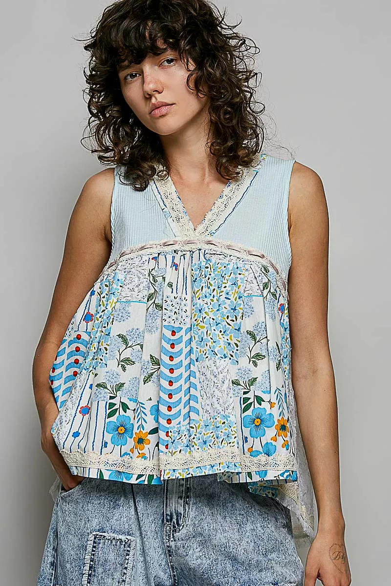 Floral V-Neck Sheer Tank with Lace Trim, image 2