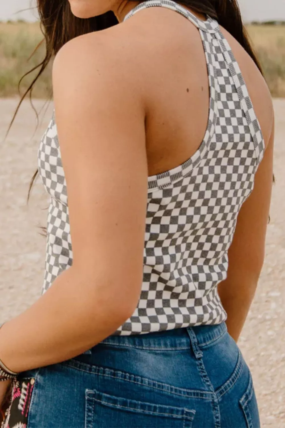 Checkered Print Textured Halter Tank Top, image 6