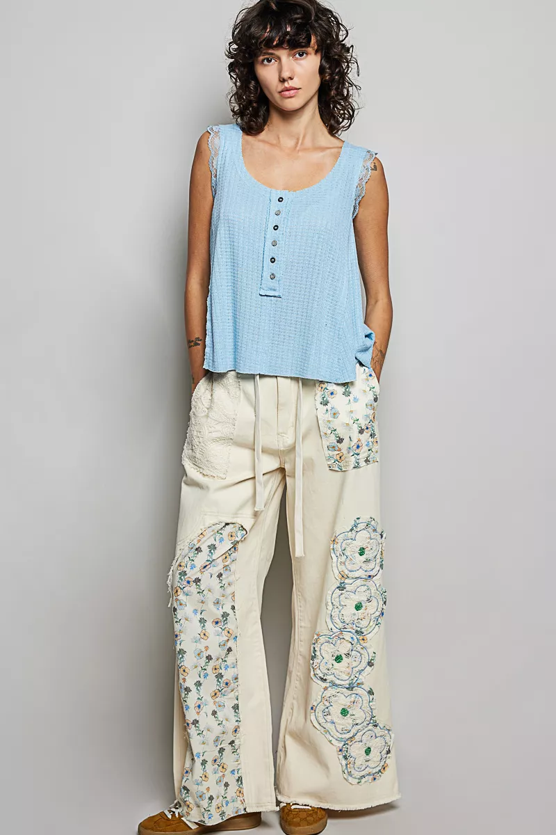 Textured Knit Round Neck Tank with Lace Detail, image 5
